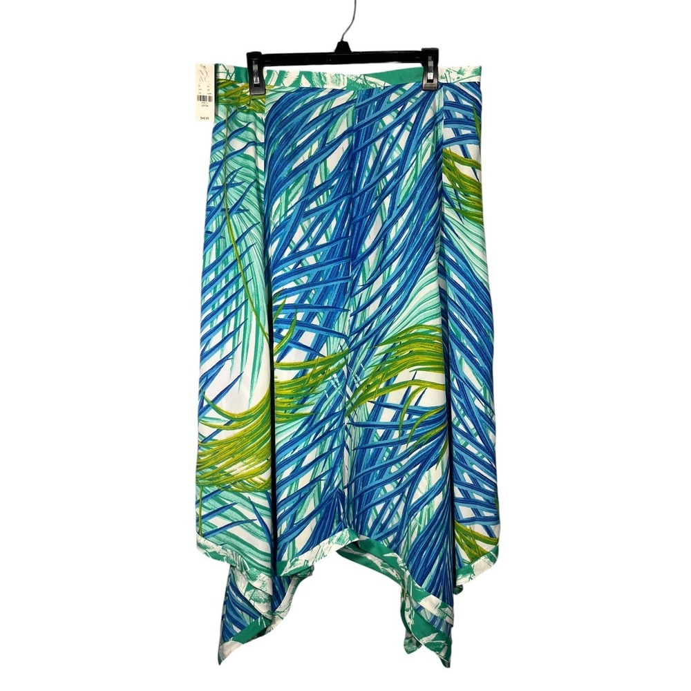 New York & Company Women's Tropical Leaf Asymmetrical Skirt L Blue Green Summer